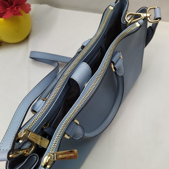 Michael Kors Blue Crossgrain Leather Carryall Double Handle Zipper Satchel Bag - Picture 9 of 16